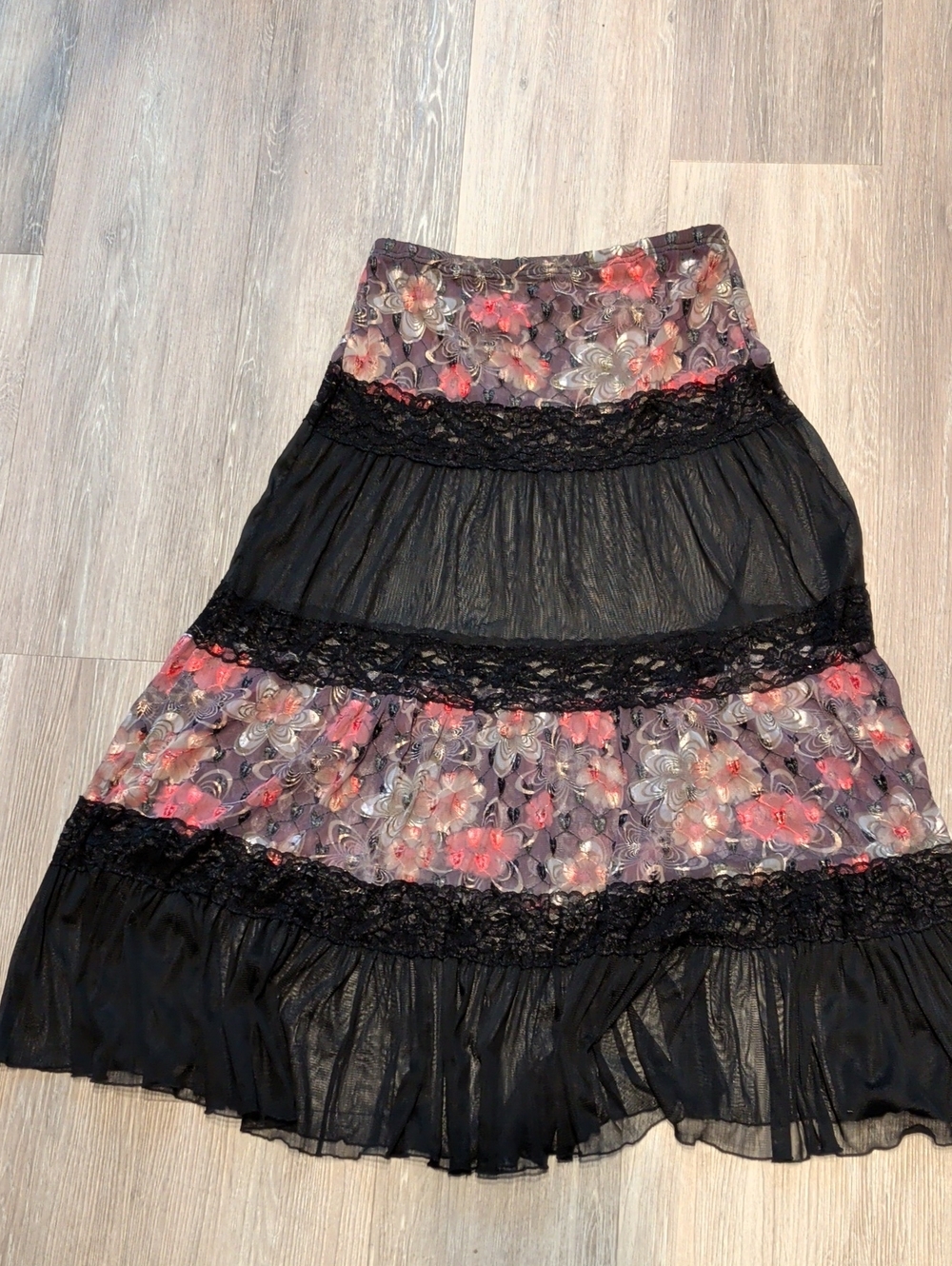 Vintage Whimsigoth Tiered Mesh Skirt - Floral Lace Boho ( Needs Meading)